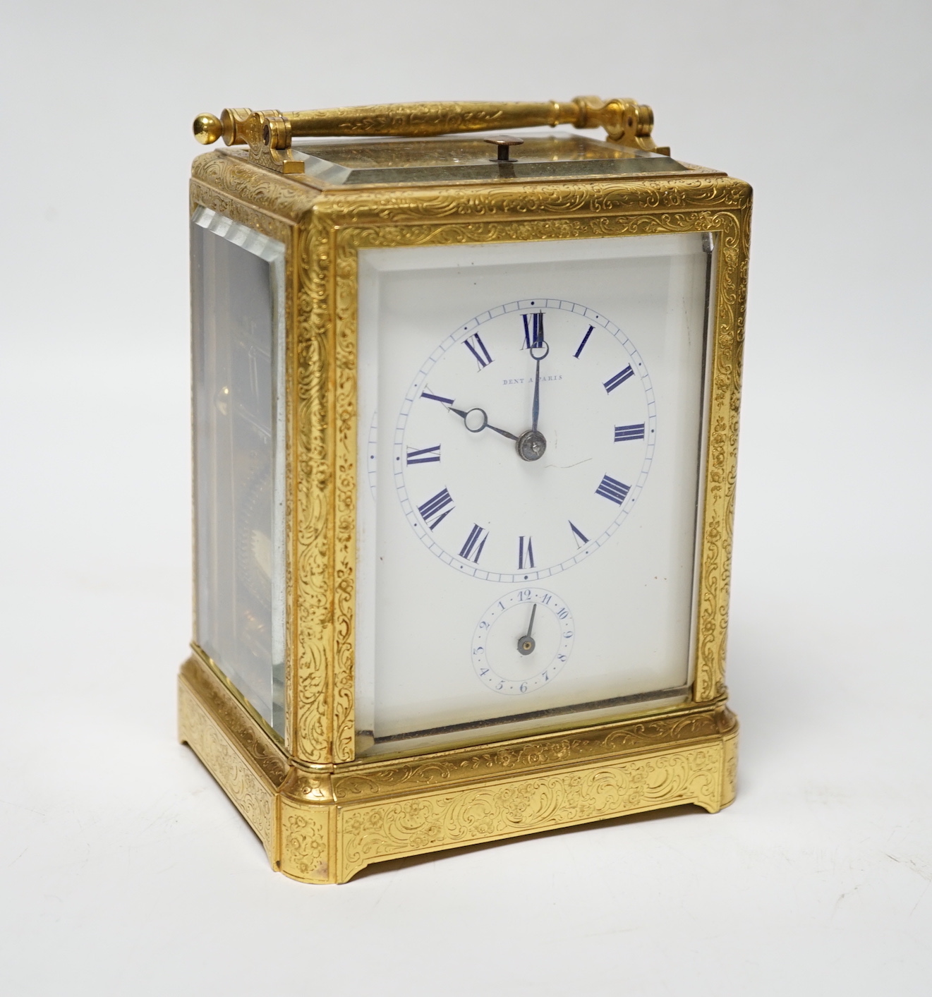 An ornate 19th century French repeating carriage clock with alarm, signed Dent a Paris, 13.5cm high